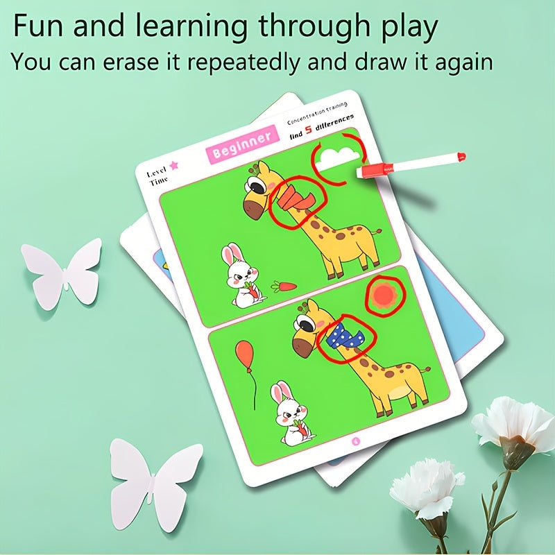 Find the difference: fun, engaging concentration game where you locate and erase different objects on picture cards.