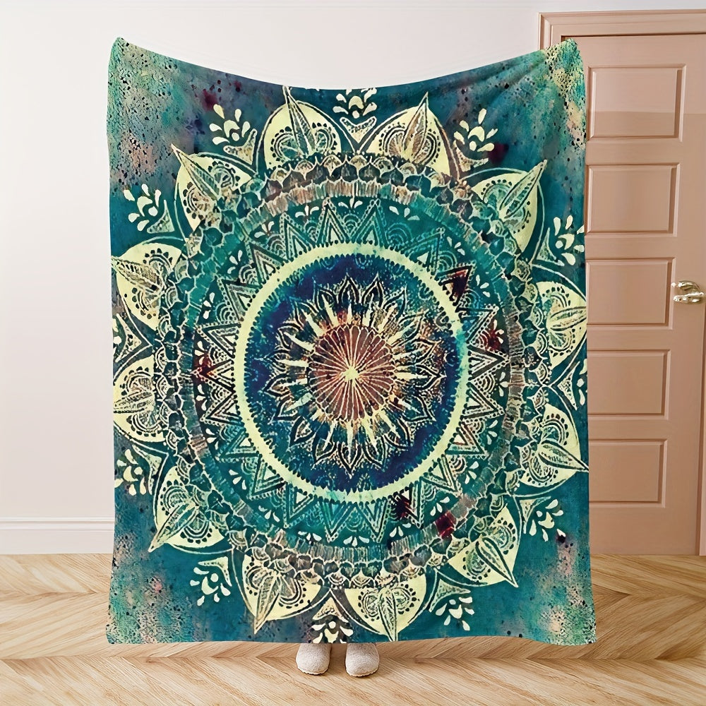 Bohemian Style Mandala Fleece Blanket - This cozy blanket features vibrant blue, green, and yellow patterns, making it the ideal addition to your sofa, bedding, or for napping. Made from soft polyester, this blanket is perfect for all seasons and makes a