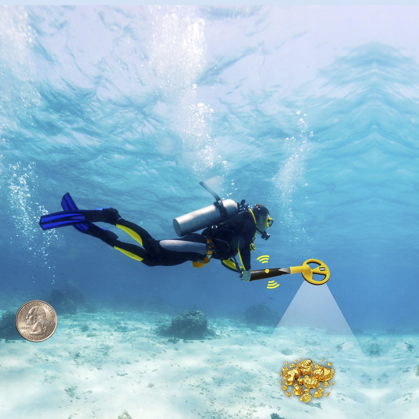 Underwater metal detector with LED & vibration alerts, ideal for diving & snorkeling, batteries not included.