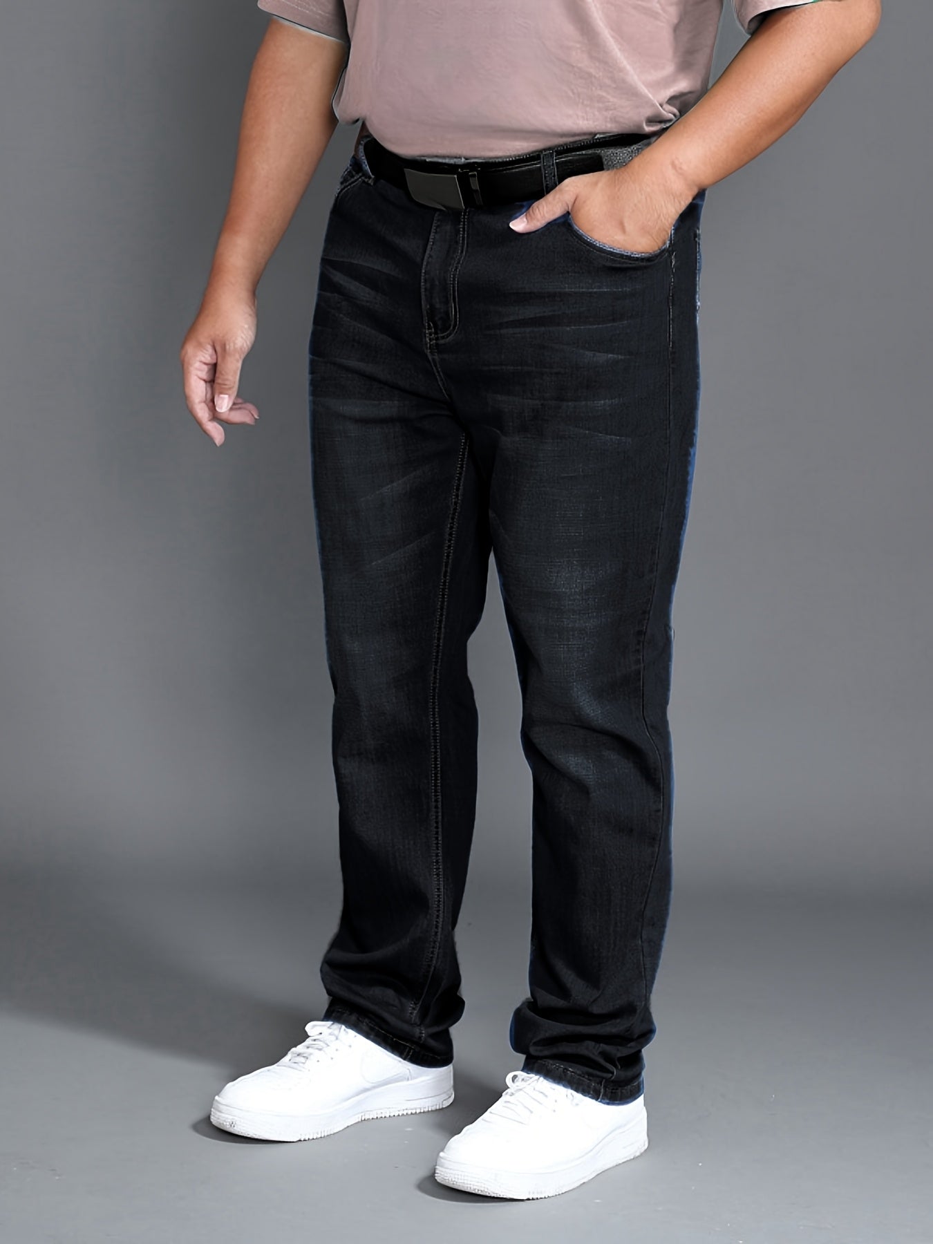 Regular fit stretch jeans for plus size men, with solid color, washed details, and durable fabric for all-season wear.