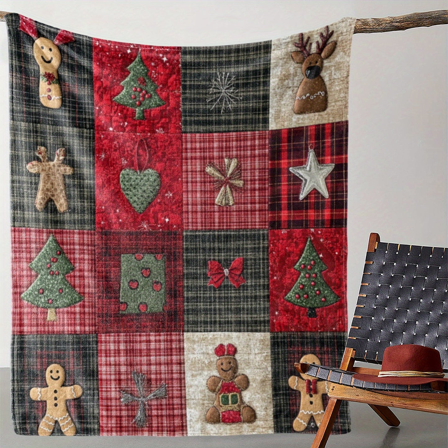 Stay cozy and stylish with our Vintage Plaid Christmas-themed blanket featuring Christmas elements such as stars, gingerbread men, bowknots, and Christmas trees. Made of soft and warm knitted polyester flannel, it is perfect for all seasons and can be