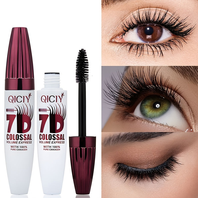 QIcy 7D Colossal Volume Waterproof Mascara - Natural, Smudge-Proof, Long-Lasting Curl & Thick Black Lash Extension Primer with Fine Orchid Extract for All Skin Types, All-Day Eyelash