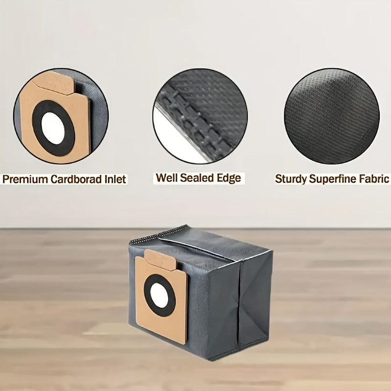 Eufy Dust Collection Bags available in 6-Pack or 10-Pack options, designed to fit X8 Pro & X10 Pro Omni Robot Vacuum models. Featuring a 3L large capacity and a durable 4-layer reinforced tear-resistant design made of polycarbonate material.