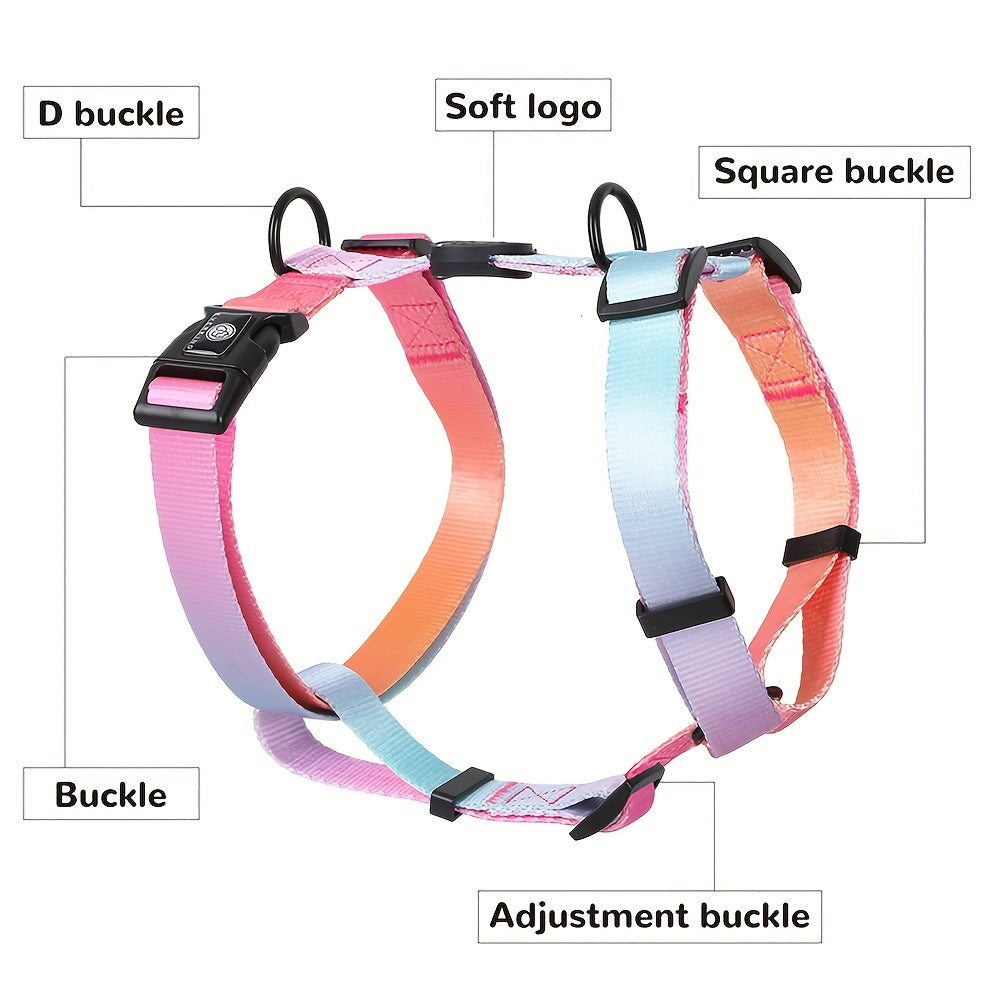 Adjustable and durable dog harness for small to medium dogs with gradient pastel design. Features secure buckle, handle, and polyester material. Ideal for outdoor activities. Hand-wash only.