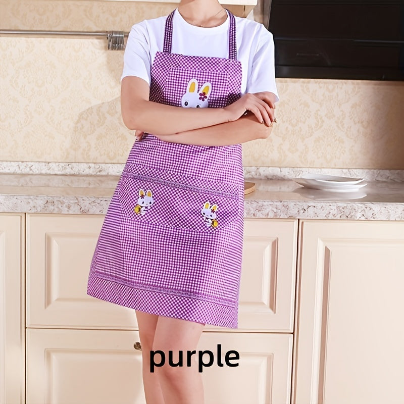 Plaid polyester kitchen apron featuring cute bunny design in soft woven velvet fabric, durable for home and restaurant use. Available in pink and purple.