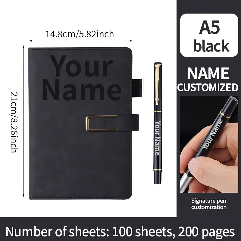 Personalized A5 notebook with custom engraved pen, minimalist textured design with plain pages for notes, journaling, and meetings. Includes custom name, phone, and logo. Features retro