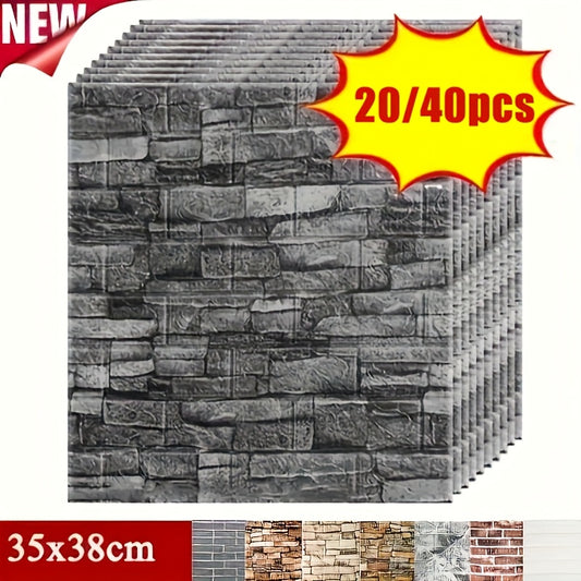 20/40pcs 3D Brick Foam Wall Stickers- Self-Adhesive, Waterproof Peel and Stick Tiles for Kitchen, Bathroom, Living Room, Hallway. Easy to Install, Clean and Customize with Adjustable Grout