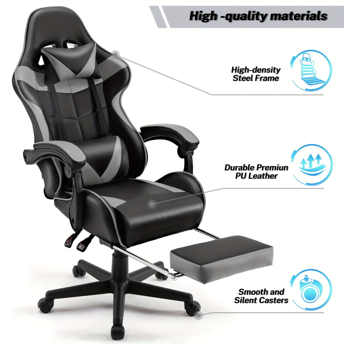 Ergonomic gaming chair with footrest, high back, adjustable headrest and lumbar support in white and black for home office.