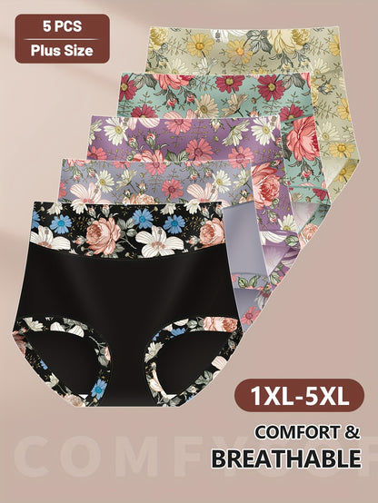 5 high-waist floral print panties for women with tummy control and butt lifting, made of comfortable polyester blend. Soft and breathable, suitable for plus size.