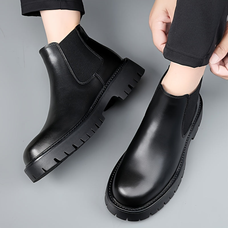 Men's Winter Boots - Fleece-Lined Slip-On Ankle Boots with Round Toe & Rubber Sole, Black Synthetic