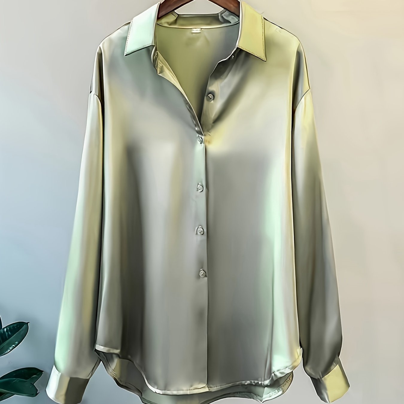 Women's Solid Color Button Front Shirt, Casual Long Sleeve Blouse perfect for Spring and Fall styling.