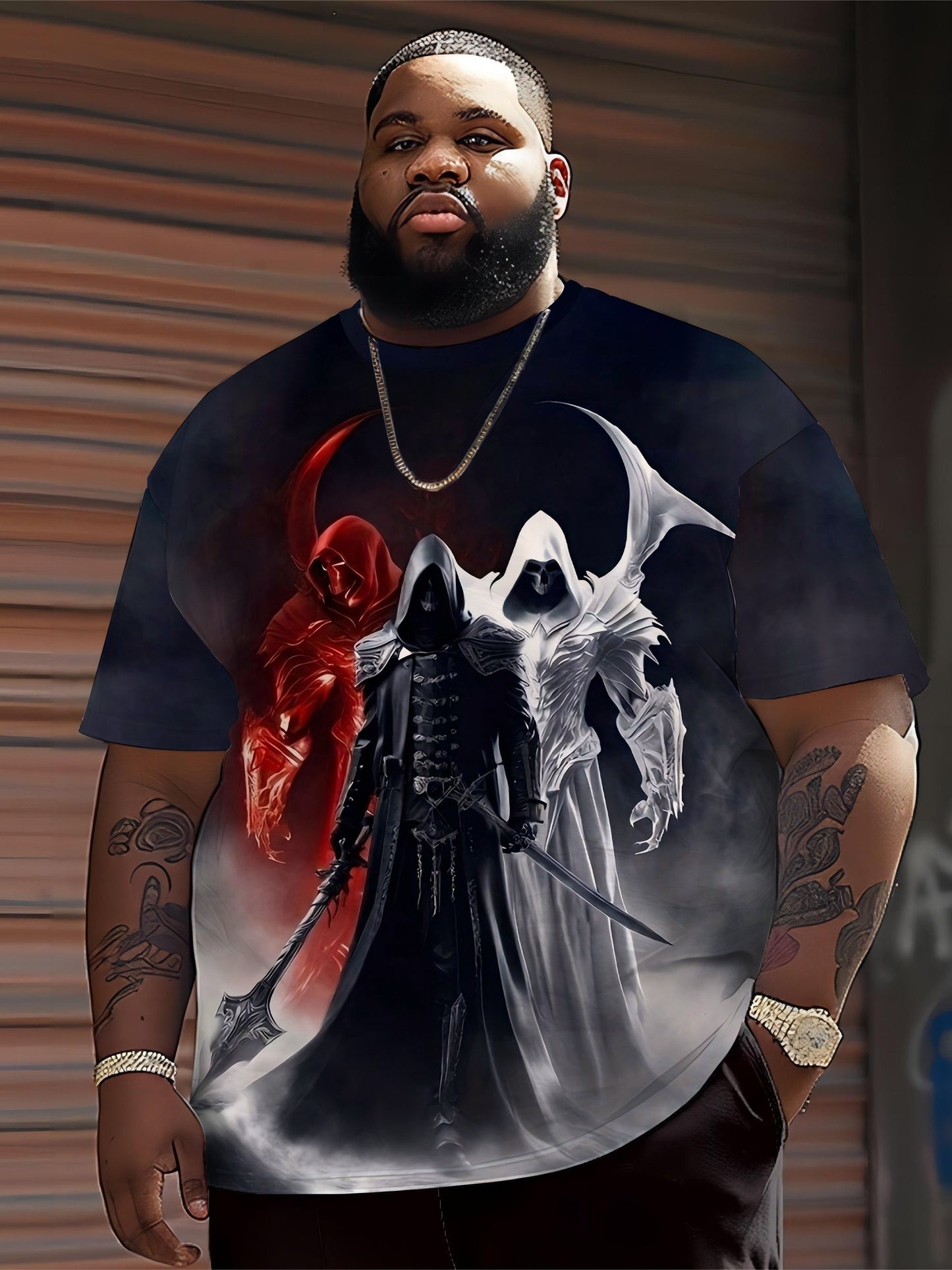 Grim Reaper graphic t-shirt for plus size men, made of comfortable, breathable polyester. Features full print design and round neckline, suitable for casual sports. Unisex adult top.