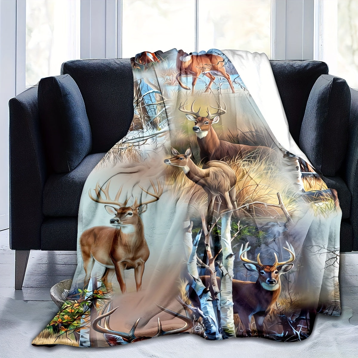 Soft and plush flannel throw blanket featuring a cozy deer-themed design. Perfect for snuggling up on the couch, bed, office, or while traveling. A versatile all-season gift suitable for boys, girls, and adults.