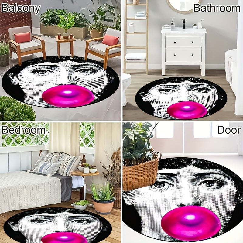 Round non-slip rug featuring a woman blowing bubbles with powder, perfect for entryways, living rooms, bedrooms, outdoor patios, gardens, and yards. Machine washable and suitable for use as a decorative accent in your home or outdoor space. Also can be