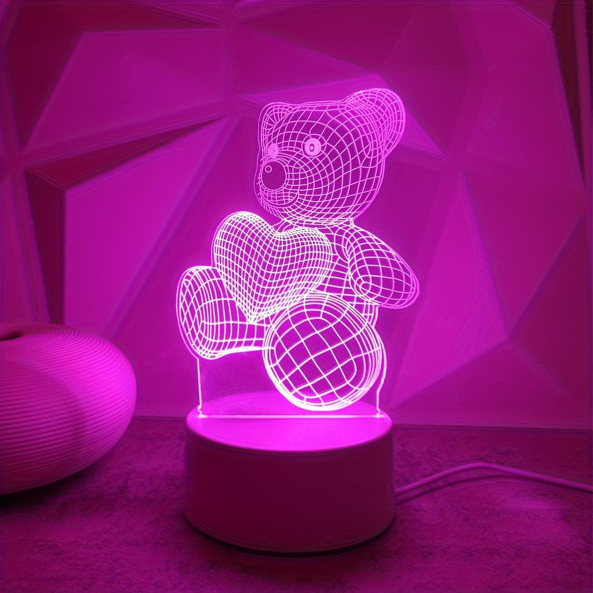 3D night light with pink heart bear design, USB powered, switch control, ideal for modern bedroom decor.