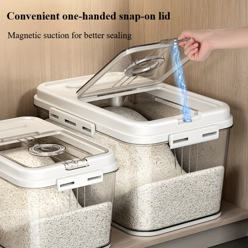 Large-capacity airtight rice and cereal dispenser made of durable PET material. Moisture-proof and insect-proof with a transparent design for easy content viewing. Ideal for kitchen storage