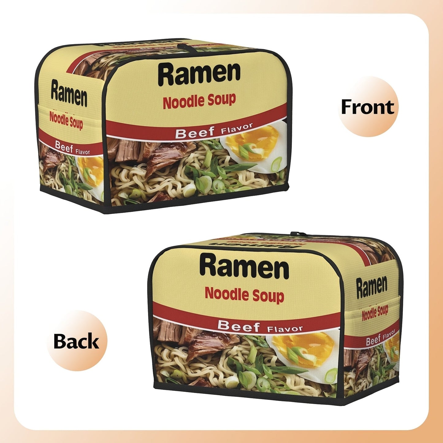 Introducing a charming ramen print toaster cover featuring beef and chicken flavors, crafted to safeguard your toaster from dust and fingerprints. This cover is conveniently machine washable and designed to fit two-slice toasters, ensuring it remains a