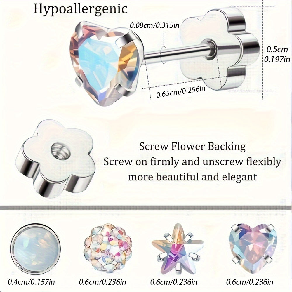 These hypoallergenic flat back earrings are perfect for women with sensitive skin. Made of Star Heart protein stone, they feature a European screw back design and are available in pink, silver, and AB colors. Suitable for men, women, and girls alike.