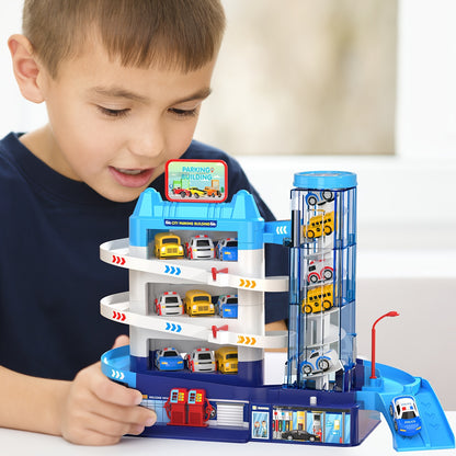 BABY HOME 4 Cars Garage with Parking Lot, Rail Car, Ambulance, Police Car, School Bus Toy Gift for Boy or Girl.