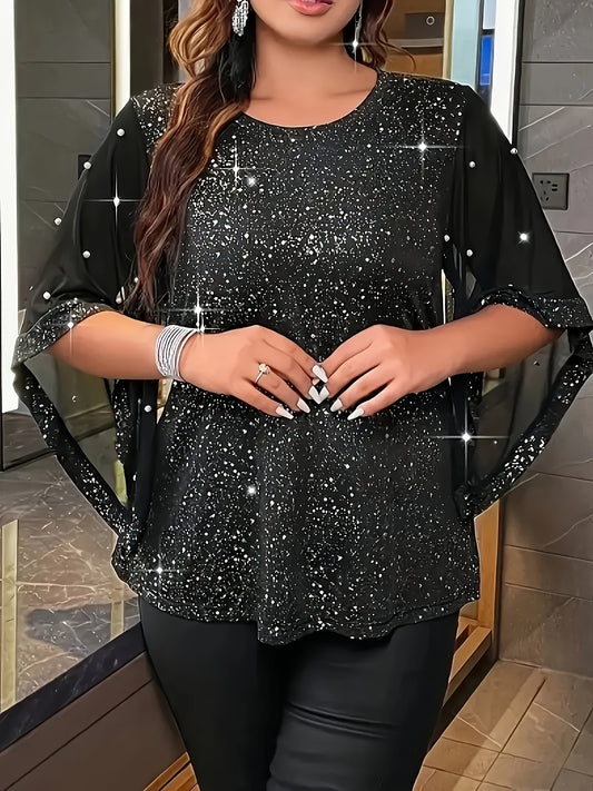 Beaded mesh top with irregular sleeves, perfect for spring and summer in plus sizes.