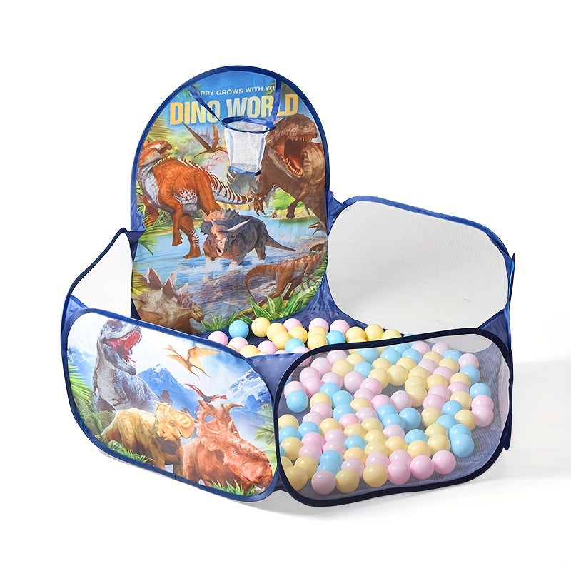 Pop-up play tent with ball pit for toddlers, featuring ocean ball fence and unique bird & dinosaur themes, made of polyester fabric and steel frame. Great gift for boys and girls aged 12