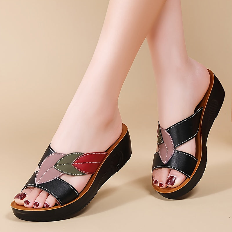 Women's Leaf Design Sandals with Platform Sole and Comfortable Wedge Slides for Summer Walks.