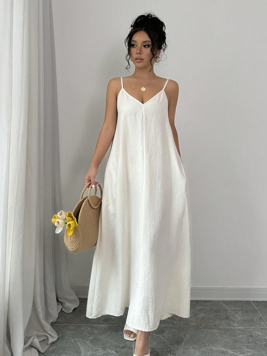 White V-Neck Maxi Dress, Solid Color Slip Dress.