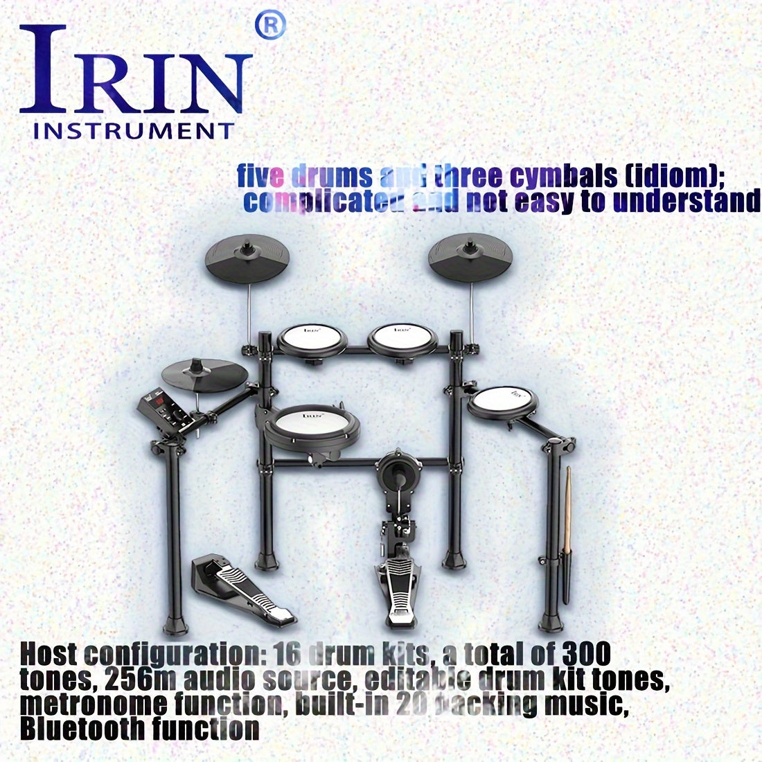 IRIN ND-16 Electronic Drum Set with Silicone Mesh includes 5 drums, 3 cymbals, bass drum, stool, headphones, power adapter, and installation guide. Hardwired with 36V or lower voltage.