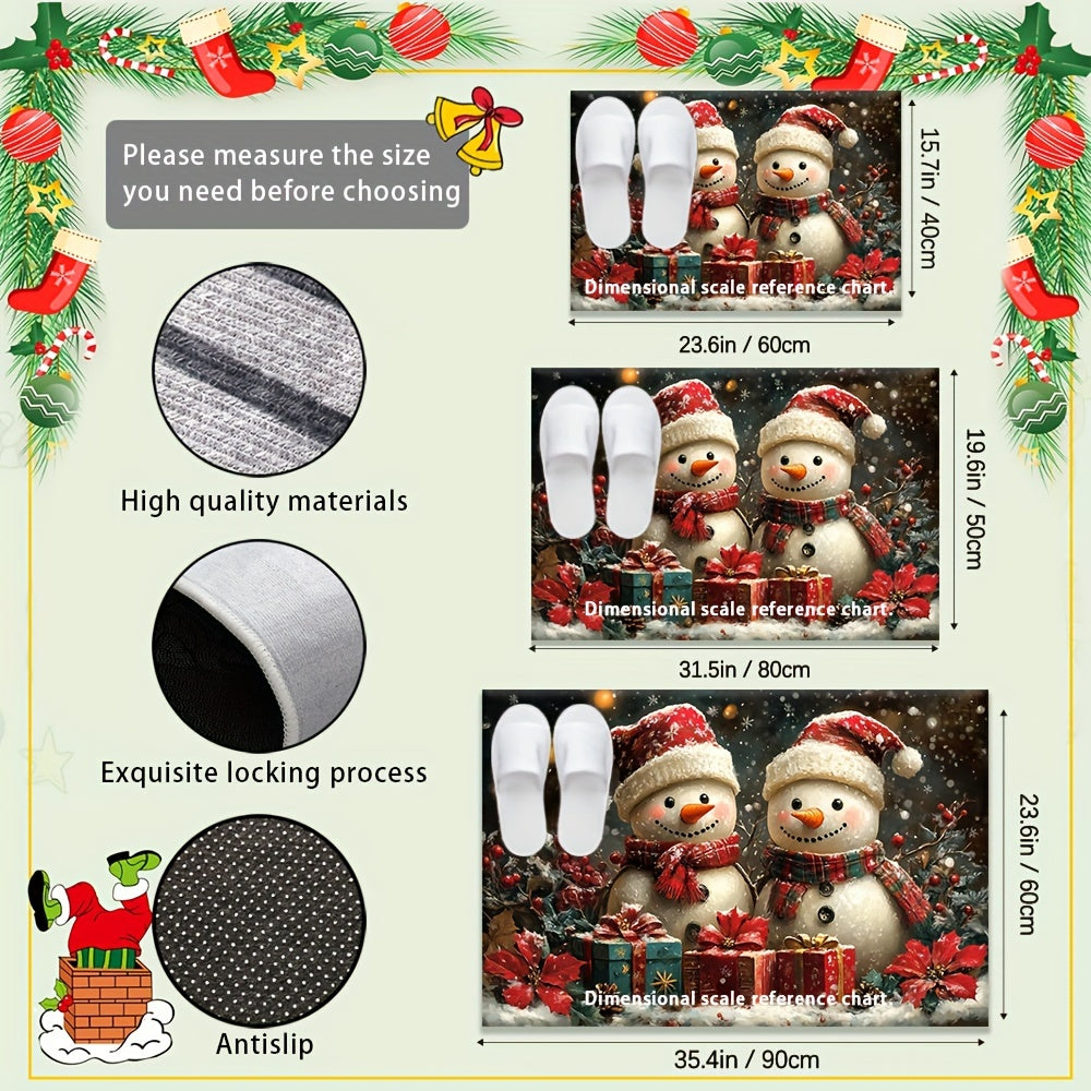 This durable Christmas Snowman Doormat is made of lightweight and washable braided polyester, with a non-slip rubber backing to keep it in place. Perfect for use in the home, living room, bathroom, or balcony. Machine-made for quality and featuring