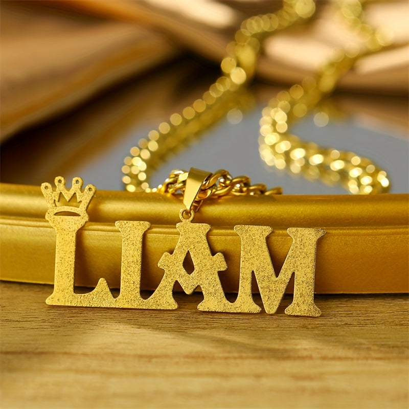 Customize your own name necklace with a crown pendant, plated in 18K gold. The necklace features a stainless steel 5mm Cuban chain in a hip hop classic style. The nameplate is detachable and comes with an extra stainless steel 5mm Cuban chain for both