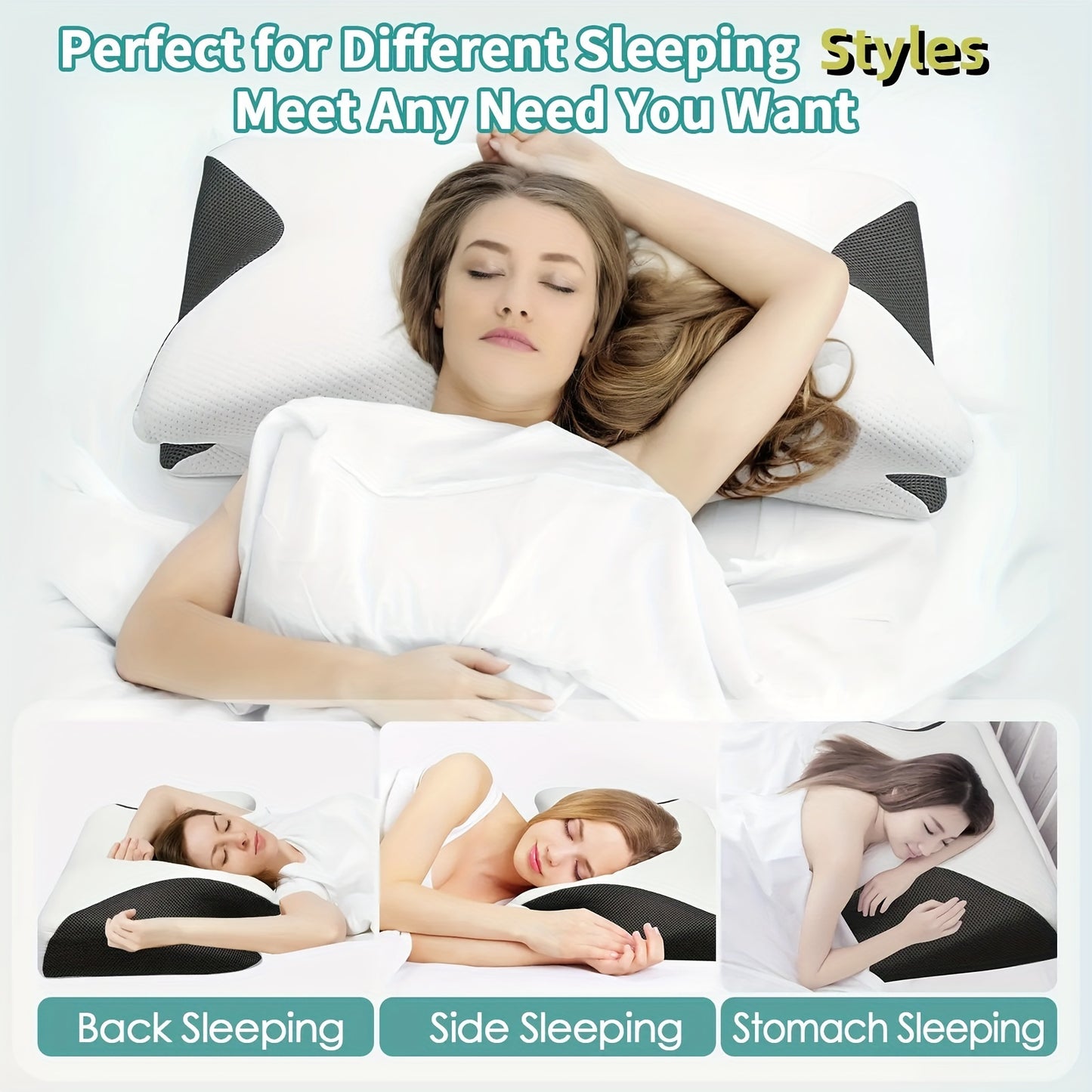 Memory foam cervical pillow with removable cover and arm rest design for all types of sleepers.