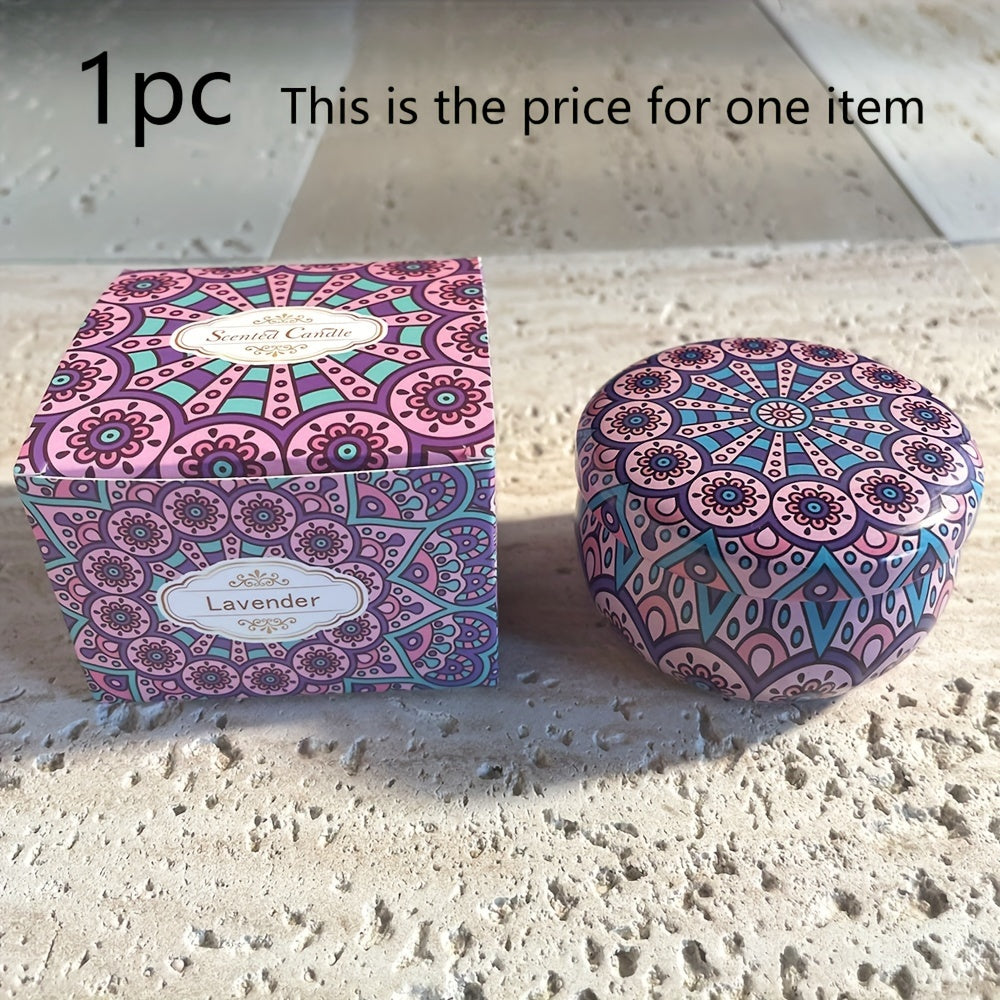 Bohemian Mandala Style Scented Candle Gift Set with Dried Flower Embellishment, Spice Scent, Soy Wax Material for Seasonal Celebrations, Indoor Use, and Holidays.