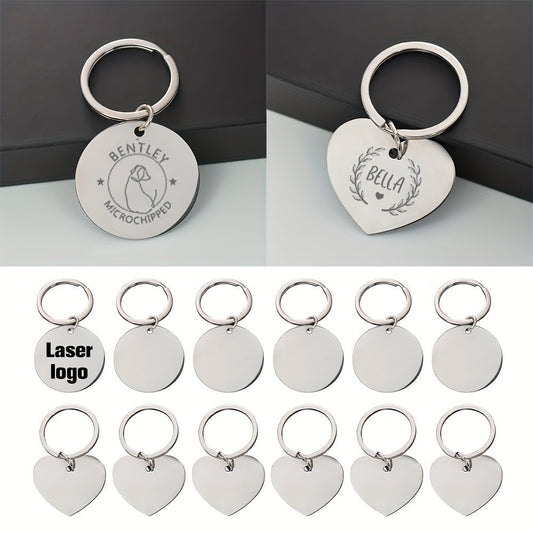 This listing is for a pack of 10 laser-engraved keychains made from double-sided glossy stainless steel in various shapes including round and heart. These keychains are designed to hang securely with a dog's name and other information engraved on the