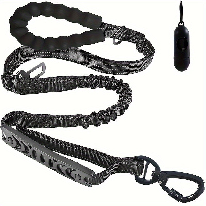 Bungee dog leash with 2 padded handles, reflective threads for medium to large dogs, 4-in-1 multifunctional design with car seat belt.