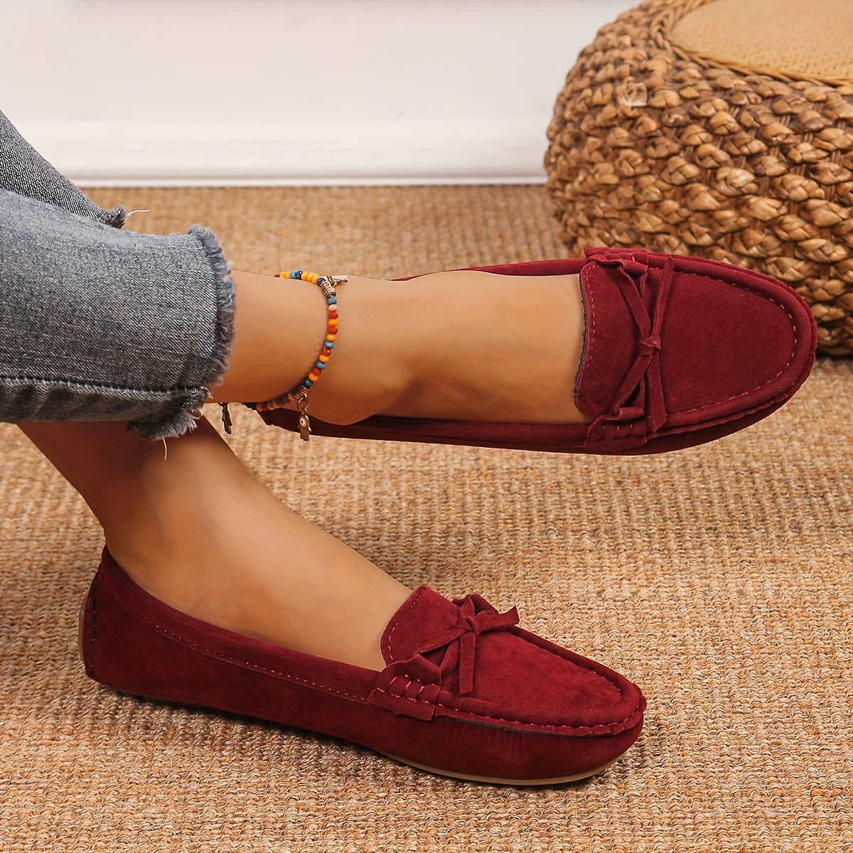 Retro flat loafers with bow detail, slip on style, and soft sole for casual wear.