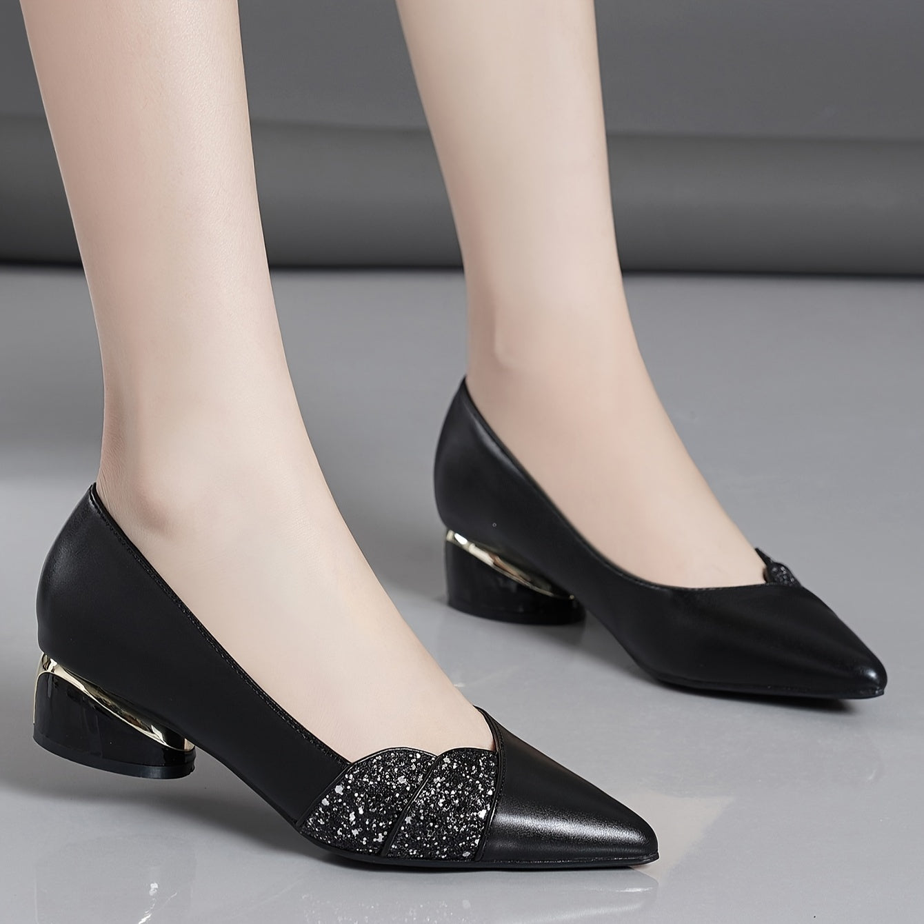 Women's chic pointed-toe pumps with rhinestone detail and comfortable chunky heel, perfect for fall.