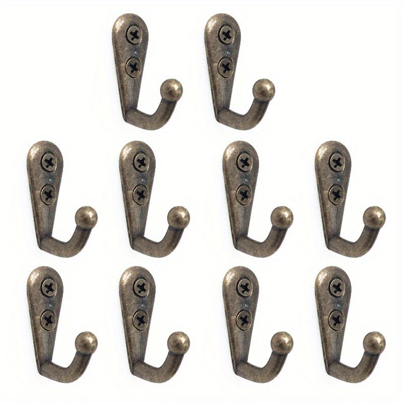 10 Rustic Bronze Single Prong Wall Hooks made of durable zinc alloy, perfect for hanging coats, keys, bags, and hats, adding both style and functionality to your home storage.