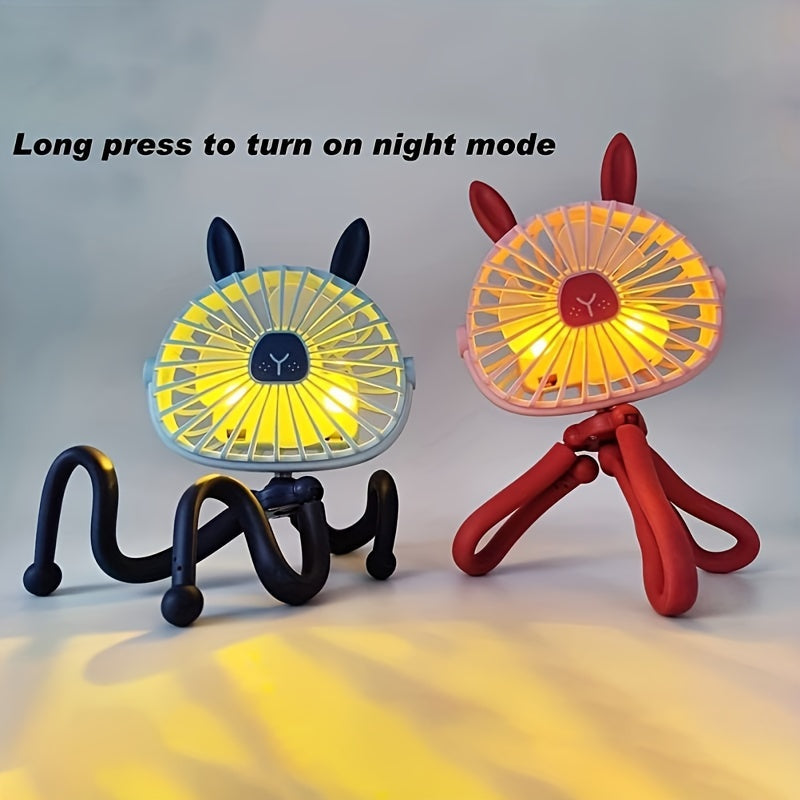 The Rabbit Octopus USB Fan is a cute and convenient portable fan that comes with a flexible stand and a mini clip-on design. Perfect for use in strollers, beds, dorms, desks, and more, this quiet and rechargeable fan is ideal for use at home or while