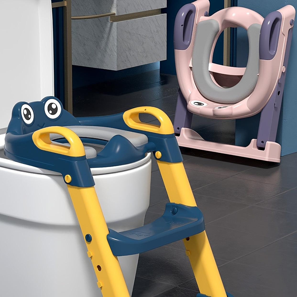 Toilet training supplies include a step toilet ring, cartoon little frog auxiliary toilet ladder, and a folding baby toilet step.