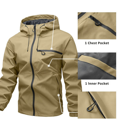 Outdoor men's jacket 1825 with windproof and waterproof design, hood, solid color, and multi-pocket.