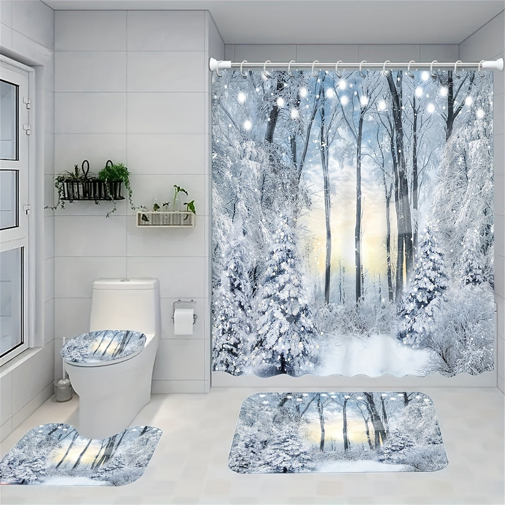 Winter snow scene shower curtain set includes waterproof curtain, floor mat, toilet seat cover, bathroom mat, 12 plastic hooks, and home decorations.