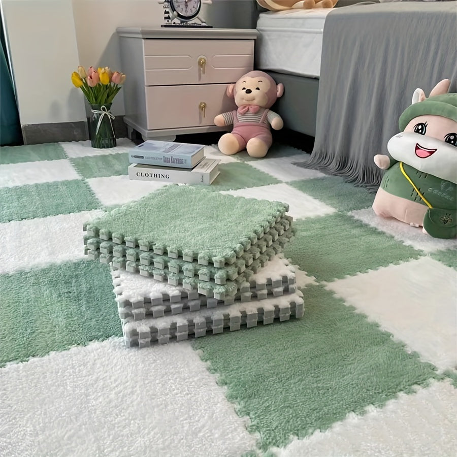 12 pieces of flocked carpet splicing mats for home, bedroom, and cartoon square flooring, measuring 11.8*11.8 inches. These mats are anti-slip, beautiful, and also anti-fatigue.