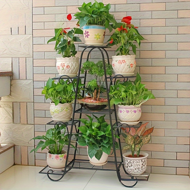 European-style metal plant stand with 9 tiers for indoor and outdoor use. Provides a decorative display for flower pots in the garden, balcony, or living room. Does not require electricity