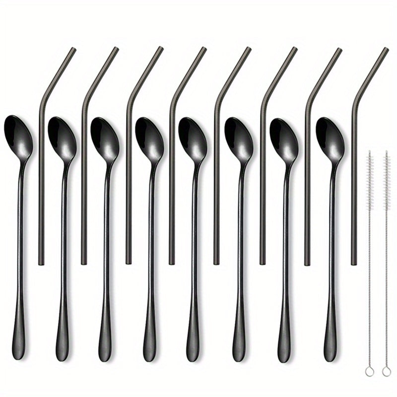 Set of 8 long-handle stainless steel spoons for stirring and mixing various beverages.