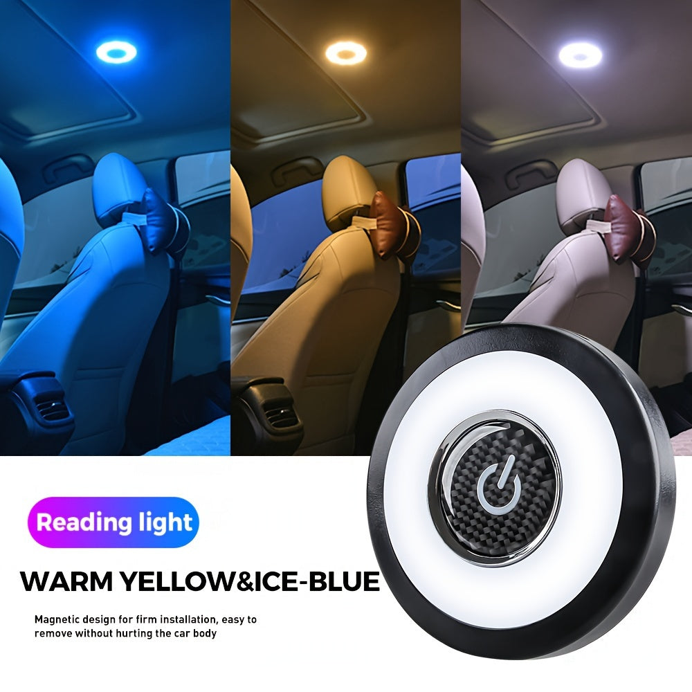 1pc USB rechargeable LED car ceiling light with 3 colors, magnetic roof attachment for vehicle and RV use, and can also be used as a reading or cabinet light in the bedroom.