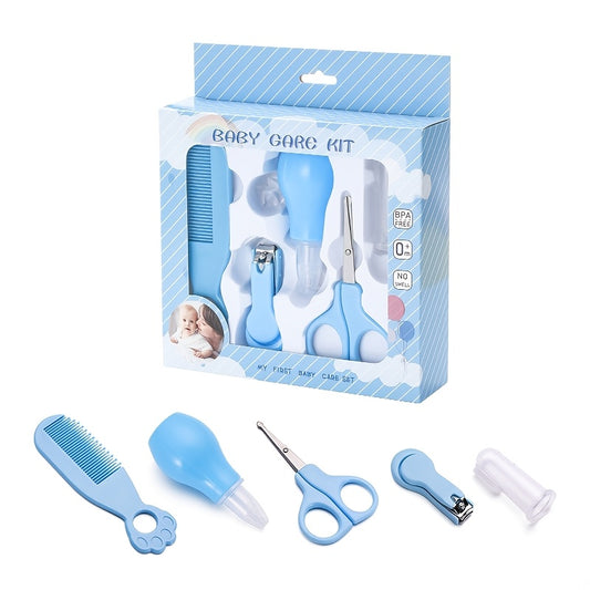 Kids grooming kit with comb, nose syringe, nail clippers, nail trimmer, and toothbrush. Perfect gift for children's daily care. Made of durable plastic in pink and blue colors. Ideal for