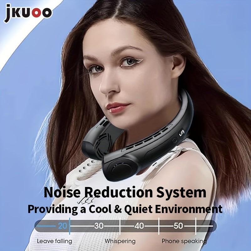 Stay cool on-the-go with the JKUOO Portable Neck Fan! This mini fan features a noise reduction system and is USB rechargeable for convenient use. The hands-free design allows for personal cooling with button control. Made of durable plastic material