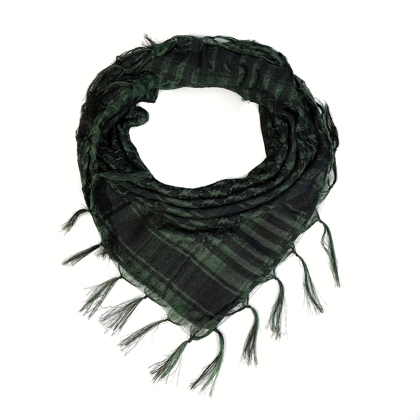 Lightweight Tactical Plaid Scarf - Windproof, Sand-Proof, All-Season Polyester Neck Warmer with Fringe Detail.