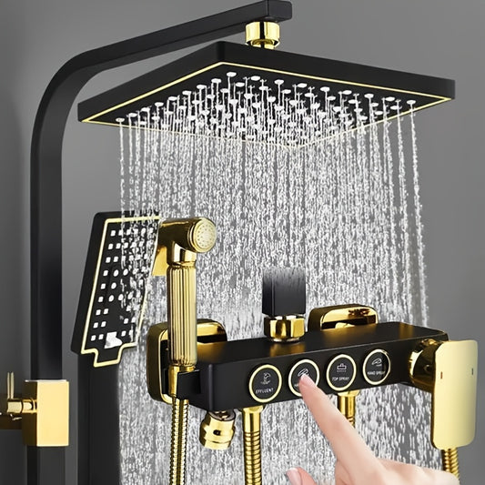 Luxurious Black & Golden Shower System: 20.32cm Rainfall Head, Handheld Spray, 4-Function Tub Faucet, Brass Valve, Hot & Cold Mixer - Complete Bathroom Upgrade Kit with Single Handle.