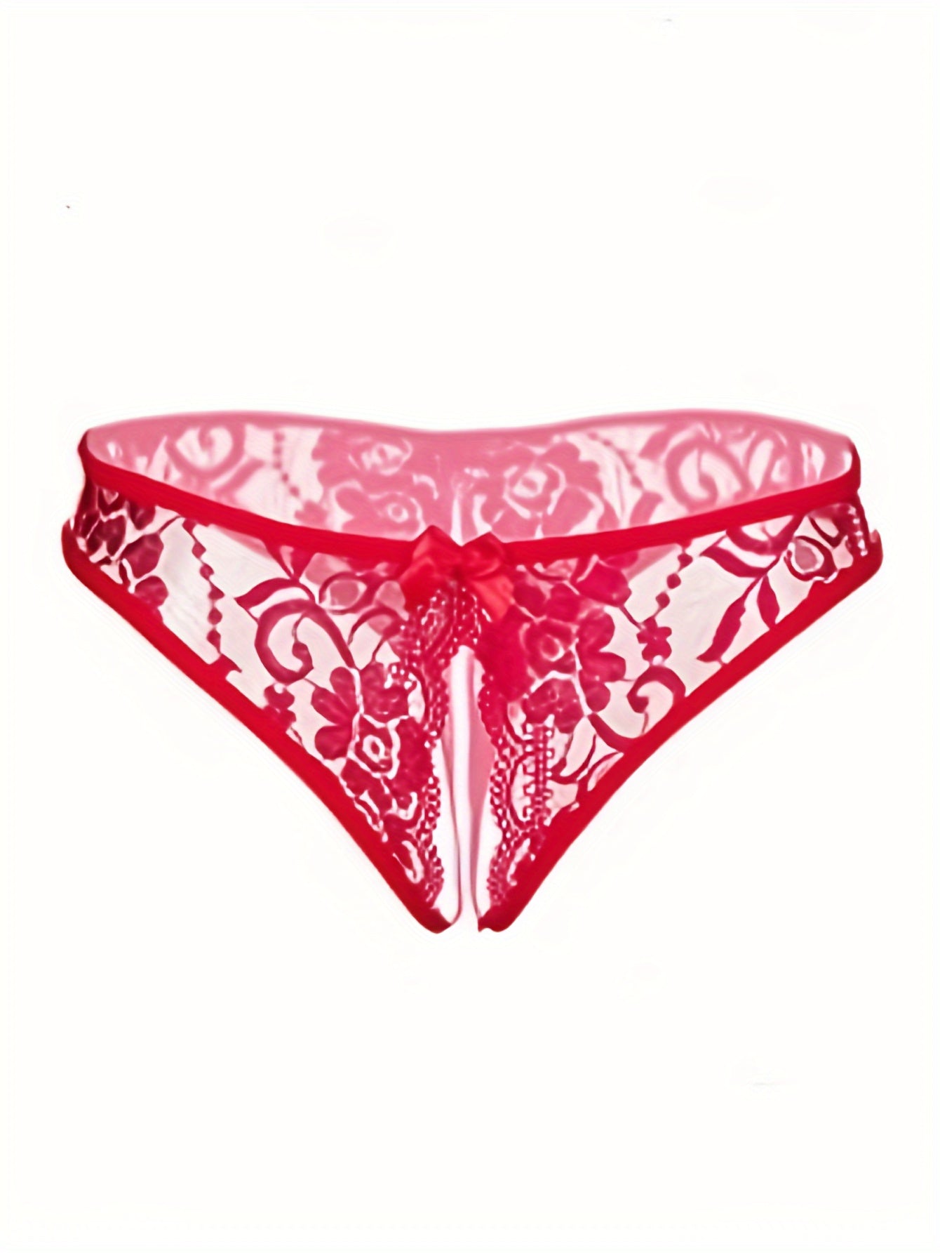 Floral lace thong with open crotch and bow detail - Women's lingerie.